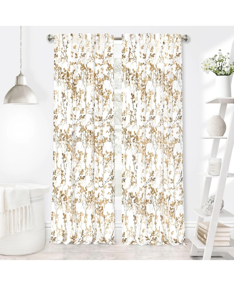Kate Aurora 2 Piece Shabby Chic Cherry Blossom Designed Airy Sheer Rod Pocket & Back Tab Curtain Panels - 63 in. Long Hazelnut