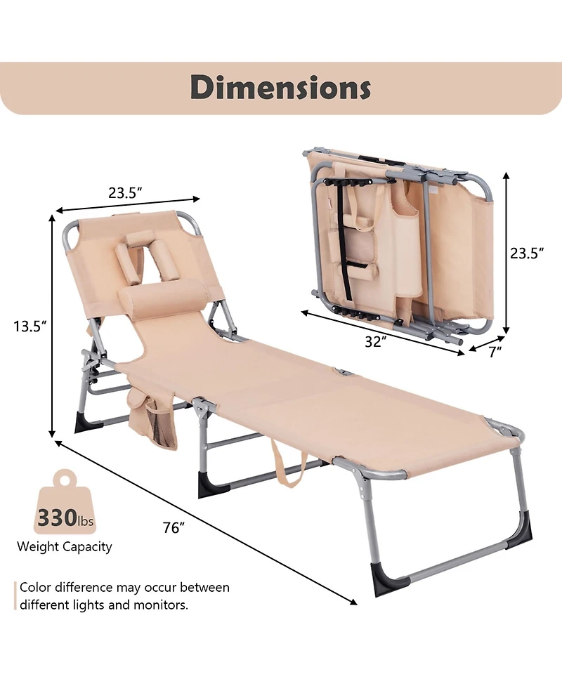 2PCS Outdoor Beach Lounge Chair Folding Chaise Lounge with Pillow