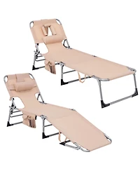 2PCS Outdoor Beach Lounge Chair Folding Chaise Lounge with Pillow