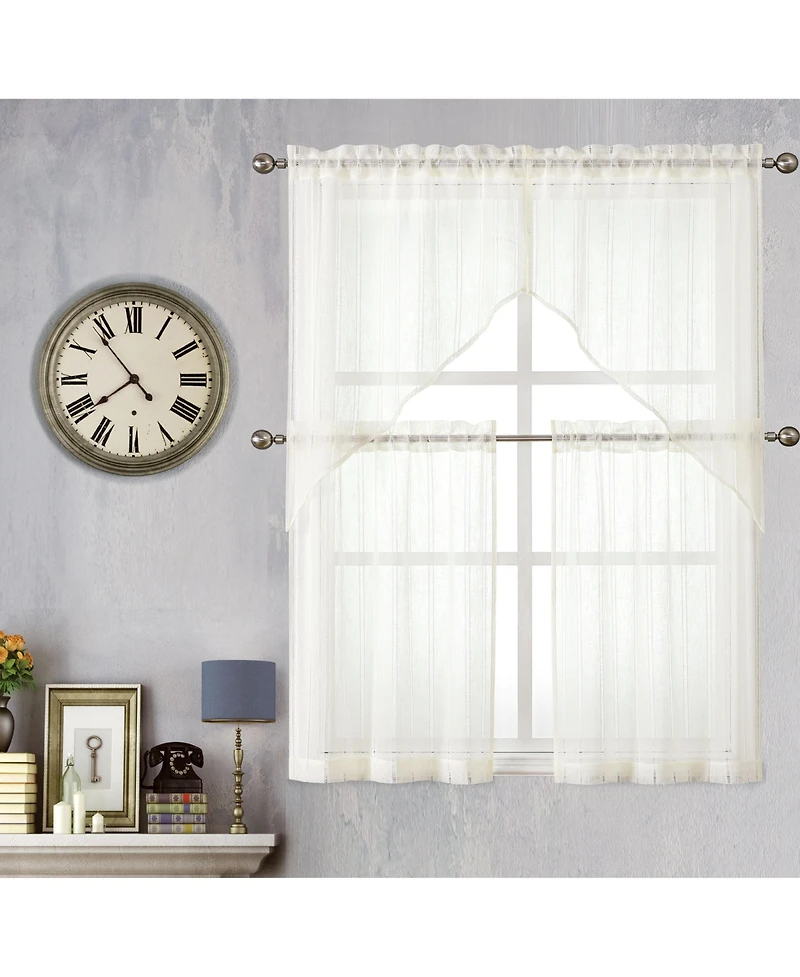 Kate Aurora Modern Chic Complete 4 Piece Striped Sheer Kitchen Curtain Tier & Valance Set - Beige
