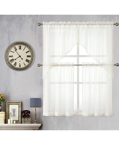 Kate Aurora Modern Chic Complete 4 Piece Striped Sheer Kitchen Curtain Tier & Valance Set - Beige