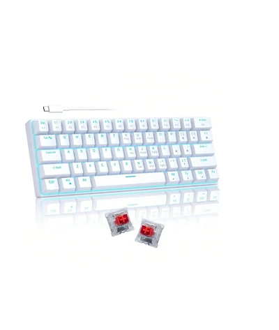 Risokeys 60% Wired Mechanical Gaming Keyboard, Ice Blue Led Backlit 61 Keys Mini Wired Office Keyboard For Windows Laptop (Black-White, Red Switches)
