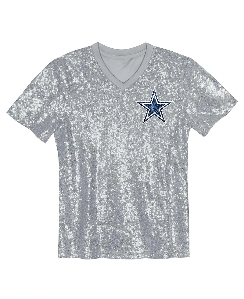 Outerstuff Big Girls Silver Dallas Cowboys Wordmark Sequin V-Neck Top