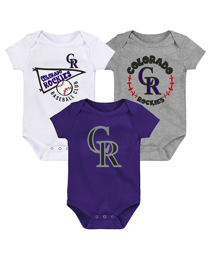 Outerstuff Big Boys and Girls Purple/White/Heather Gray Colorado Rockies Biggest Little Fan 3-Pack Bodysuit Set