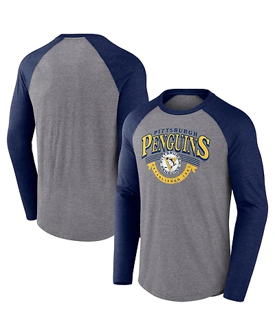 Fanatics Men's Heather Gray/Heather Navy Pittsburgh Penguins Goal Crease Raglan Tri-Blend Long Sleeve T-Shirt