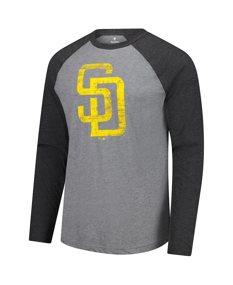 Fanatics Men's Heather Gray/Heather Charcoal San Diego Padres Weathered Logo Tri-Blend Raglan Long Sleeve T-Shirt