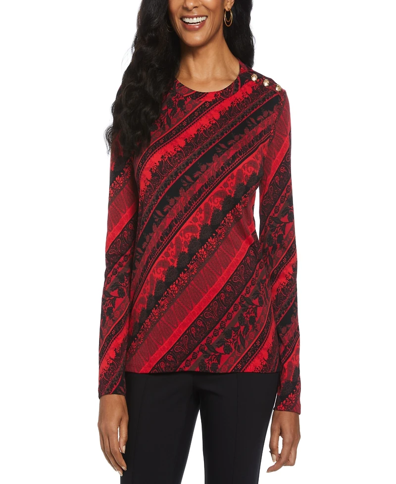 Rafaella Petite Paisley Stripe Button Detail Long Sleeve Top