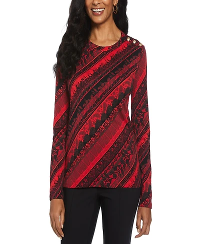 Rafaella Petite Paisley Stripe Button Detail Long Sleeve Top