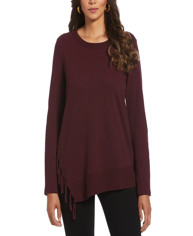 Rafaella Petite Ribbed Asymmetrical Fringe Hem Long Sleeve Top