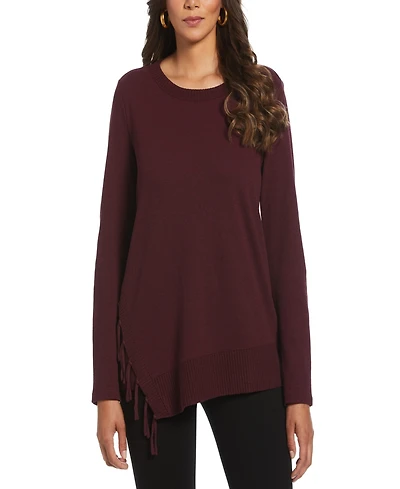 Rafaella Petite Ribbed Asymmetrical Fringe Hem Long Sleeve Top
