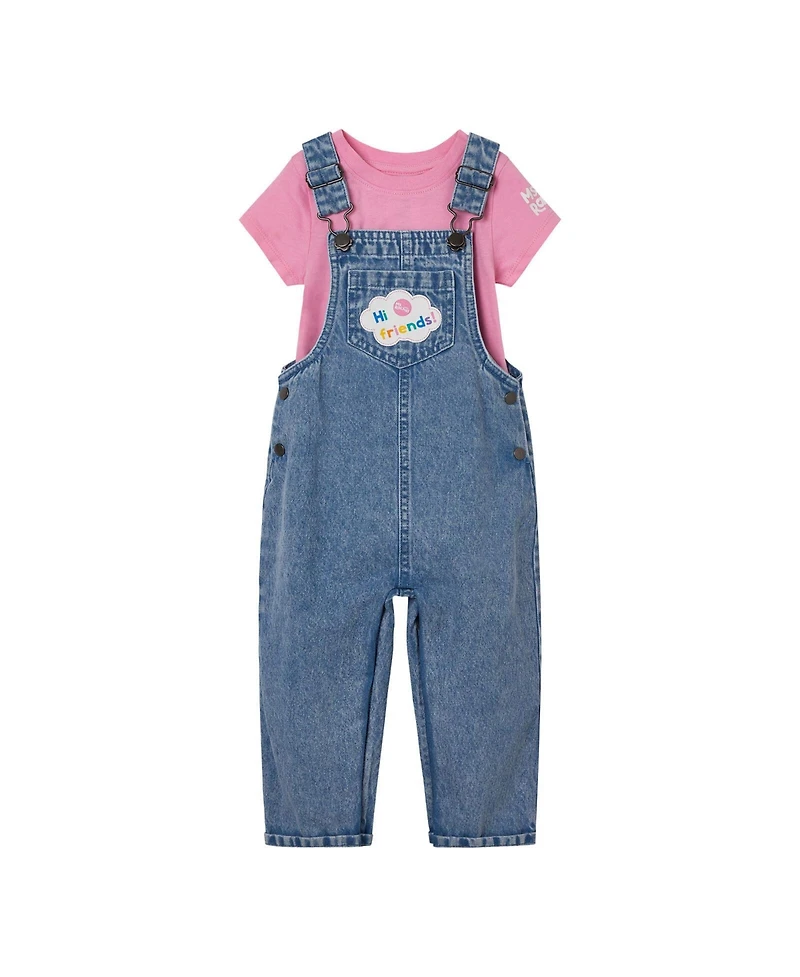 Ms. Rachel Baby Girls Denim Square Neck Vintage Wash Cosplay Overall, T-Shirt and Headband 3 Piece Outfit Set