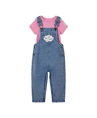 Ms. Rachel Baby Girls Denim Square Neck Vintage Wash Cosplay Overall, T-Shirt and Headband 3 Piece Outfit Set