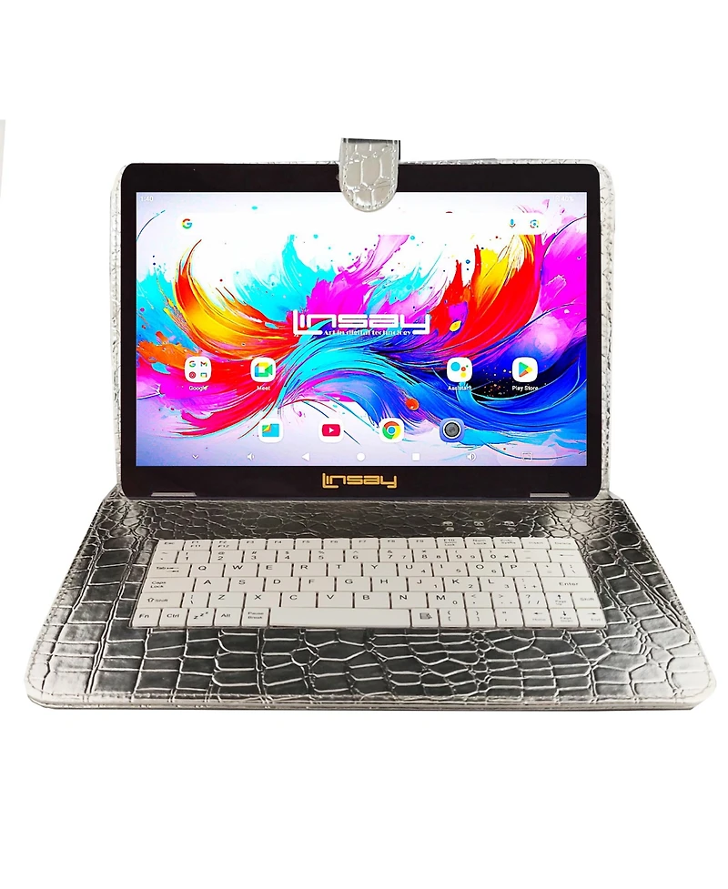 Linsay 10.1" Octa Core 256GB Storage Android 15 Tablet with Silver Keyboard
