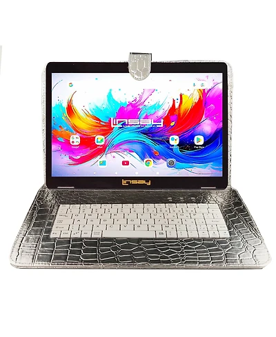 Linsay 10.1" Octa Core 256GB Storage Android 15 Tablet with Silver Keyboard