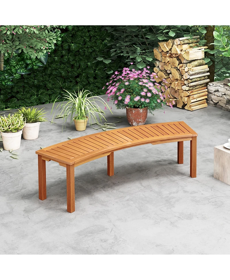 Gymax Set of 2 Outdoor Curved Bench w/ Slatted Seat Solid Acacia Wood for Yard