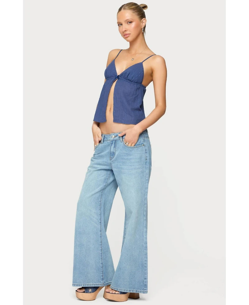 Edikted Womens Petite Low Rise Wide Leg Jeans