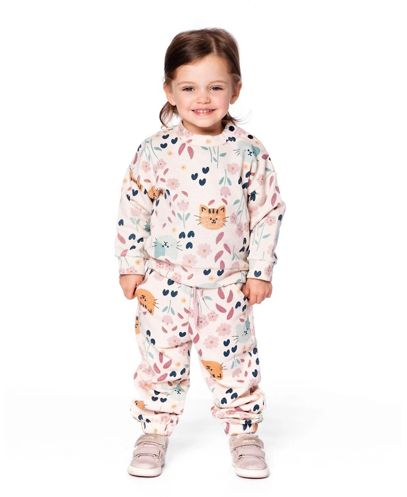 Deux par Baby Girls Glittering French Terry Sweatshirt Beige Cat Print
