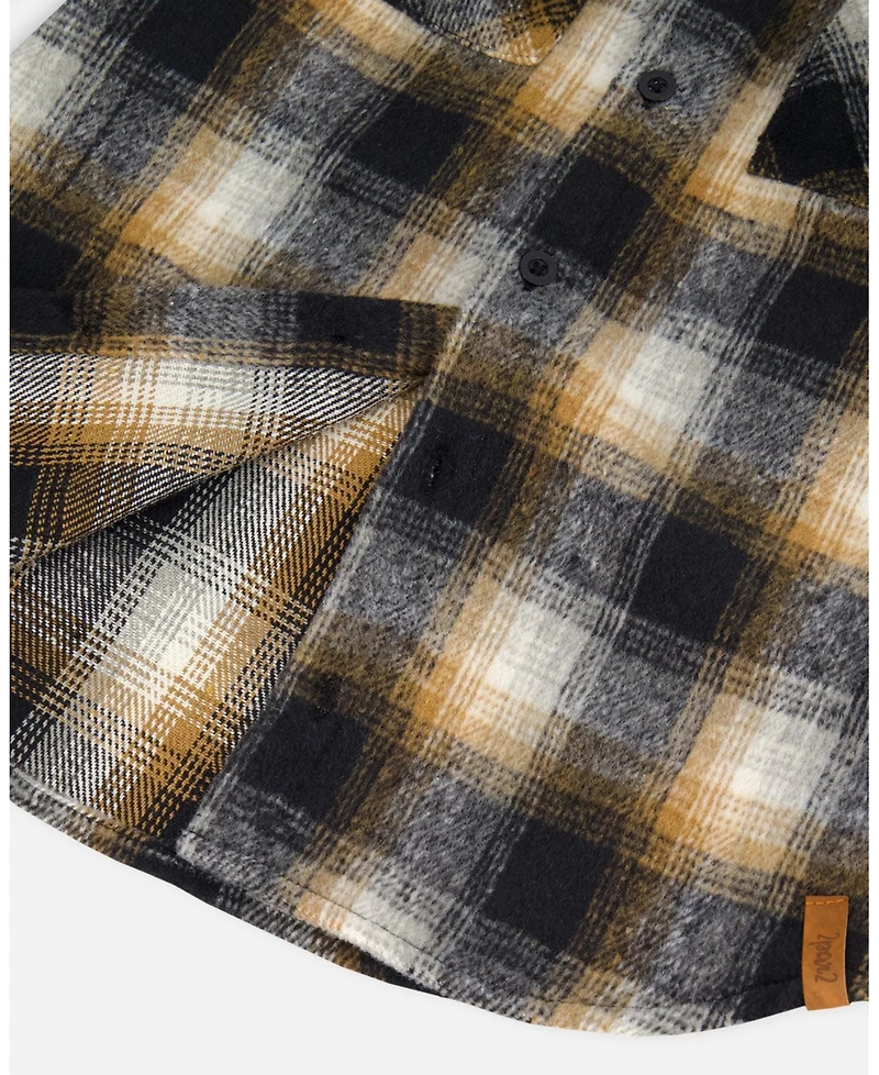 Deux par Boy Hooded Polar Fleece Overshirt with Hood Black and Brown Plaid