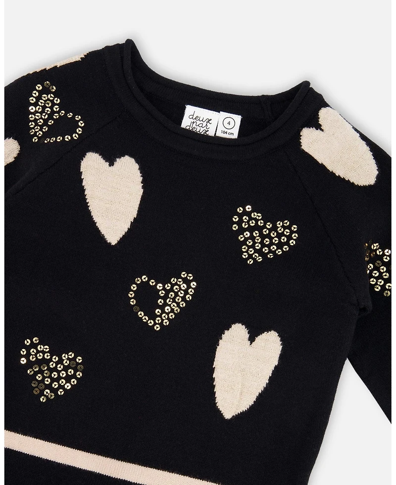 Deux par Girl Knit Dress Black with Glittery Heart Motifs - Toddler|Child