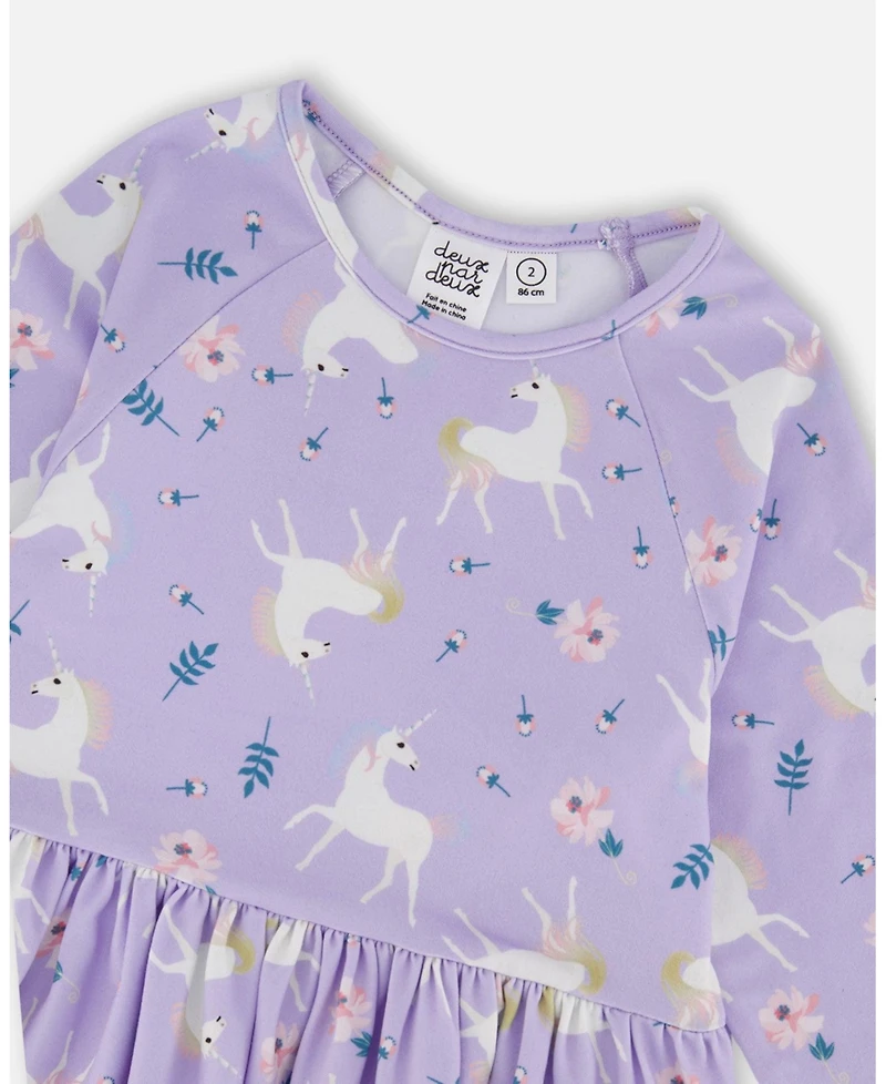 Deux par Big Girls Jersey Dress with Pockets Lilac Unicorn Print