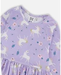 Deux par Big Girls Jersey Dress with Pockets Lilac Unicorn Print