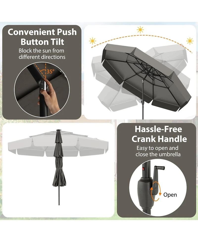 Gymax 10 Ft Solar Patio Umbrella w/ 32 Led Lights 3-Tier Vented Top & Tilt Adjustment
