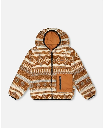 Deux par Kids Unisex Reversible Mid-Season Sherpa Jacket Brown Aztec Pattern