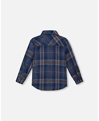 Deux par Big Boys Long Sleeve Flannel Shirt Blue and Brown Plaid