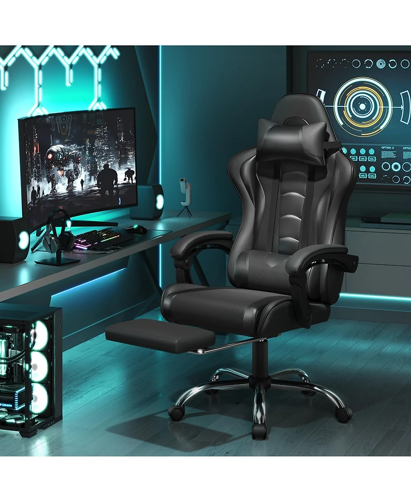 Yaheetech Ergonomic Gaming Chair, High Back Office Chair with Slide-Out Footrest and Padded Armrests, Pink/White