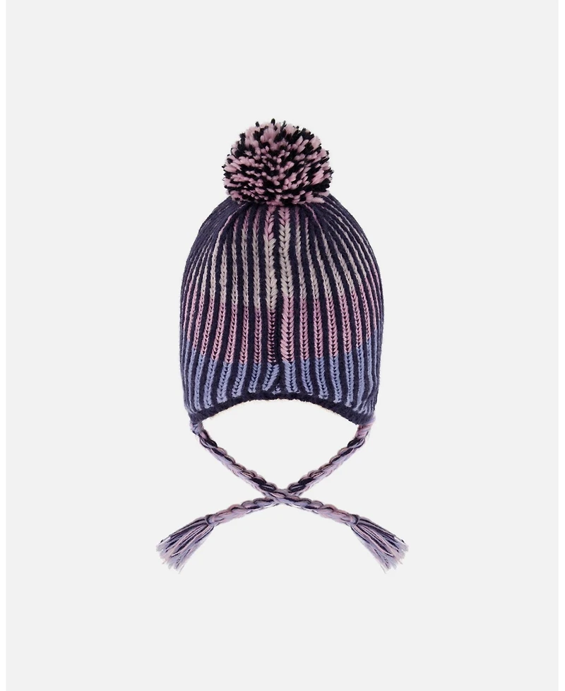 Deux par Girl Lined Peruvian Knit Pompom Hat Black and Purple - Toddler|Child