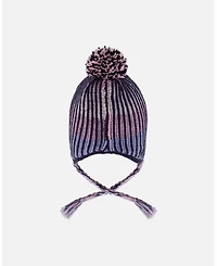 Deux par Girl Lined Peruvian Knit Pompom Hat Black and Purple - Toddler|Child