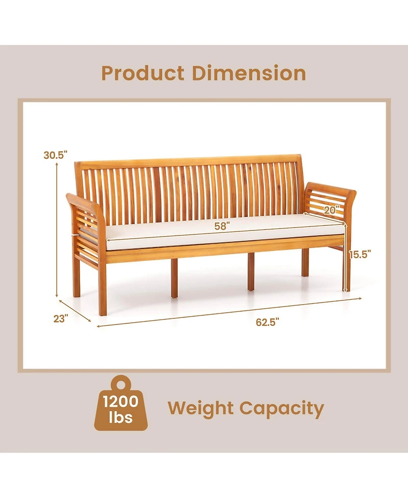 Gymax 62.5'' Outdoor Garden Bench w/ High Backrest Curved Armrests & Seat Cushion Patio