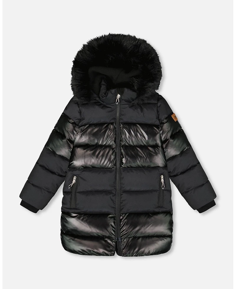 Deux par Girl Long Metallic Puffy Coat Black - Child