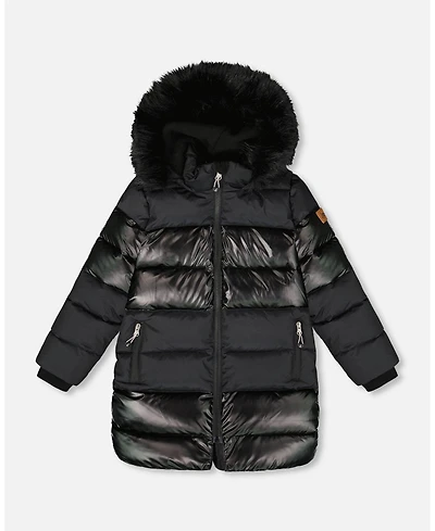Deux par Girl Long Metallic Puffy Coat Black - Child