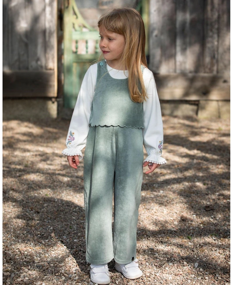 Deux par Girl Stretch Velour Faux-Layered Overalls Jade Green - Toddler|Child