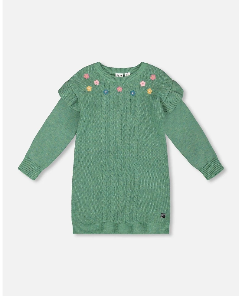 Deux par Toddler Girls Knitted Dress Sage Green with Ruffles and Floral Embroidery - Toddler|Child