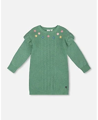 Deux par Toddler Girls Knitted Dress Sage Green with Ruffles and Floral Embroidery - Toddler|Child