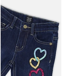 Deux par Toddler Girls Stretch Jeans Blue Denim with Glittery Hearts - Toddler|Child