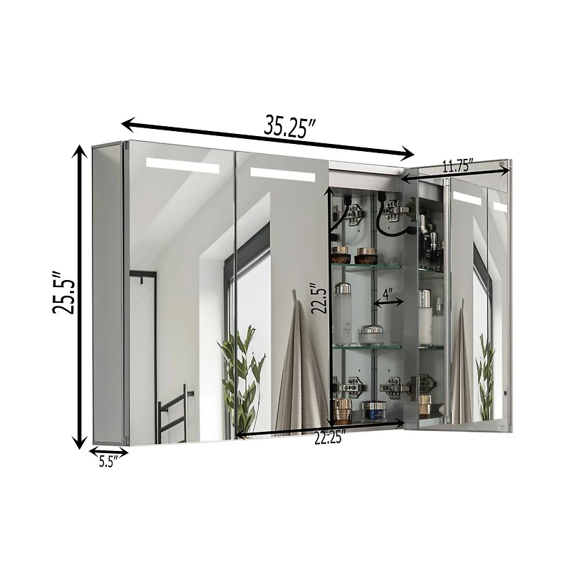 Basicwise 3-Door Versatile Bathroom Medicine Cabinet with Anti-Fog Led Mirror, Waterproof Aluminum, Surface or Recessed Mount, 2 Adjustable Glass Shel