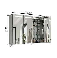 Basicwise 3-Door Versatile Bathroom Medicine Cabinet with Anti-Fog Led Mirror, Waterproof Aluminum, Surface or Recessed Mount, 2 Adjustable Glass Shel