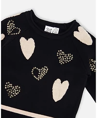 Deux par Big Girls Knit Dress Black with Glittery Heart Motifs