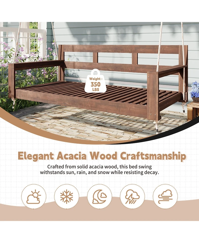 Flynama Patio Wooden Twin Size Porch Swing Daybed Frame, Garden Swing Bench Chair with 4 Hanging Ropes for Backyard,Outdoor,Brown