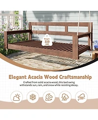 Flynama Patio Wooden Twin Size Porch Swing Daybed Frame, Garden Swing Bench Chair with 4 Hanging Ropes for Backyard,Outdoor,Brown