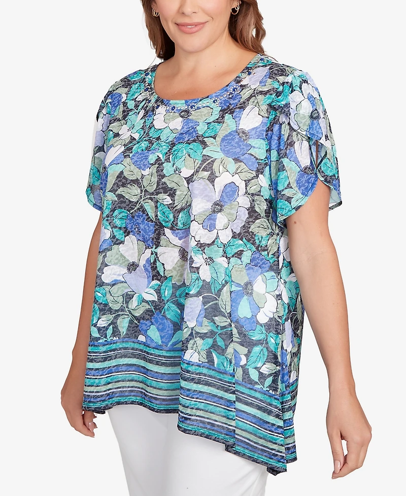 Ruby Rd. Plus Floral Striped Border Flutter Sleeve Top