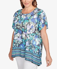 Ruby Rd. Plus Floral Striped Border Flutter Sleeve Top