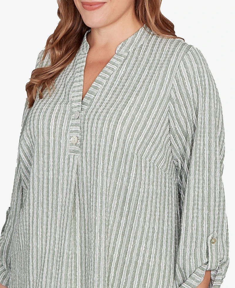 Ruby Rd. Plus Crinkle Knit Striped Henley Top