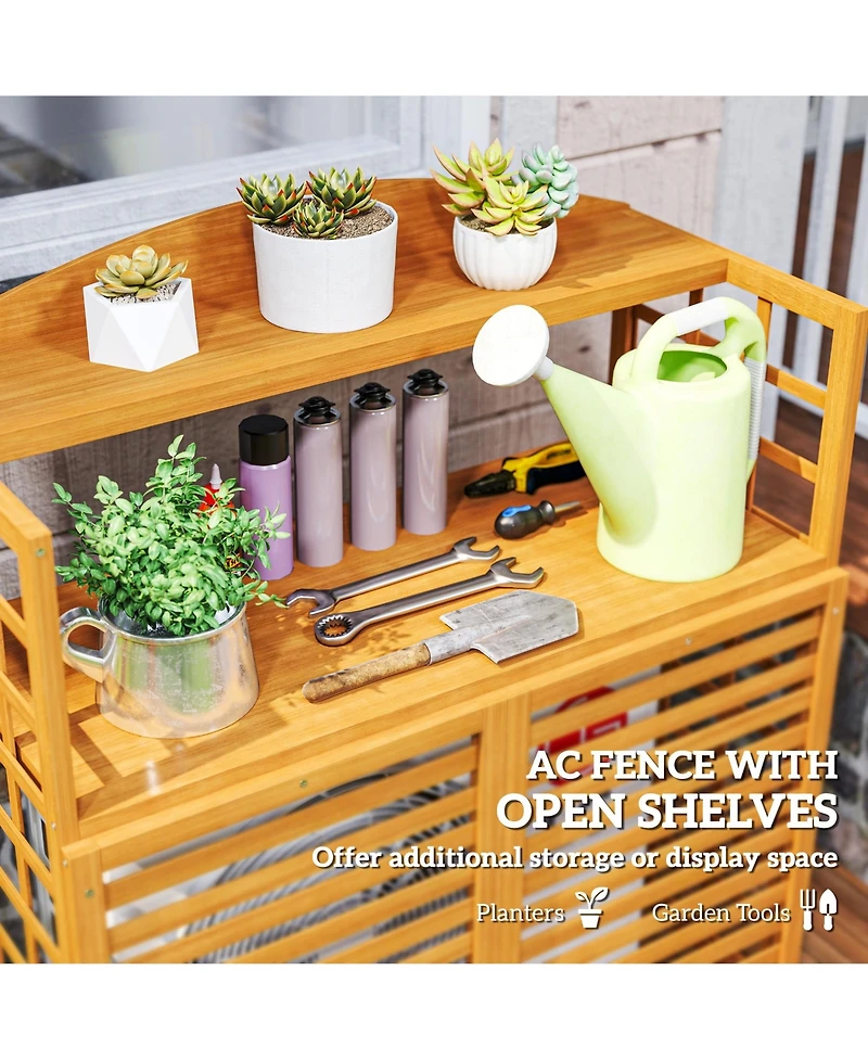 Outsunny Wood Air Conditioner Fence Privacy Screen Potting Table w/ Shelves