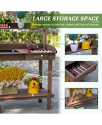 Wood Potting Bench Workstation Table w/ Storage Cabinet, Shelf Natural