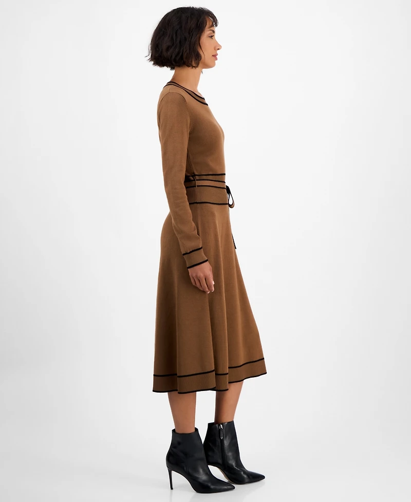 T Tahari Women's Wide-Rib Belted Sweater Dress