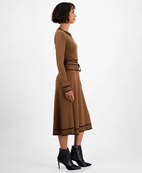 T Tahari Women's Wide-Rib Belted Sweater Dress
